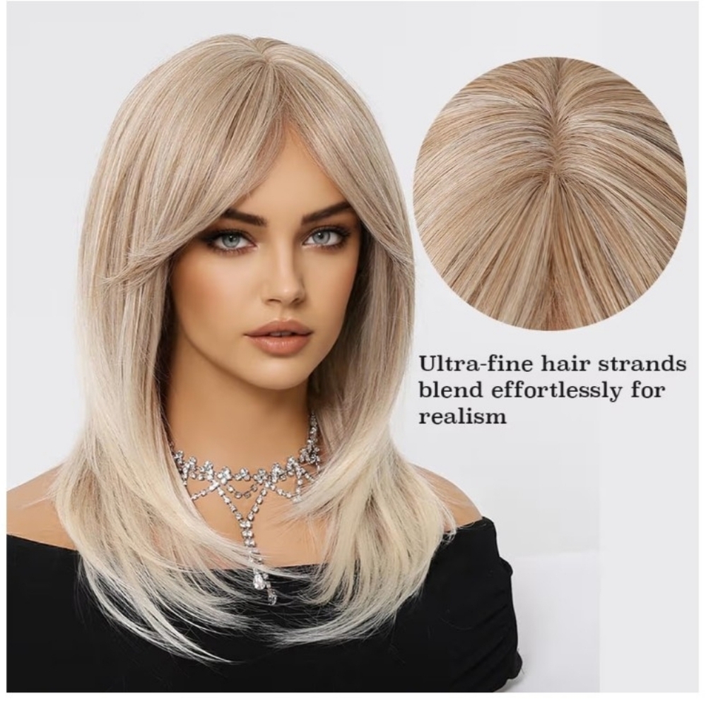 🆕 NIB NWT 16" Blonde-ash brown straight synthetic wig w/face-framing layers - Picture 3 of 11